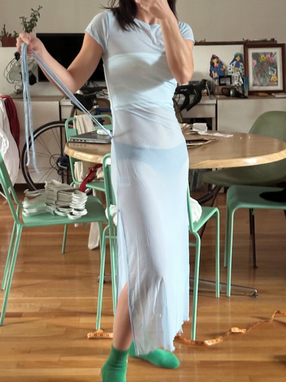 FIND ME NOW, Korean Power Mesh Bow Midi Dress, XS/S, Light Blue